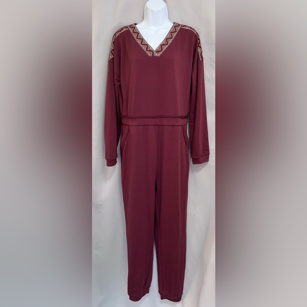 PIPER & SCOOT Womens Jumpsuit Maroon Long Sleeve SOHO V-Neck Embroidered L NWT
